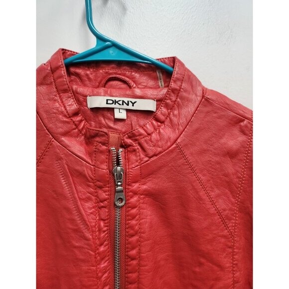 DKNY Womens Moto Jacket Large Red Faux Leather Zip Front Biker Chick Streetwear - Picture 2 of 7